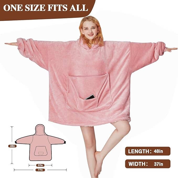 JOYWOO Pink Foldable Wearable Blanket Hoodie,Oversized Cat Lovers Sweatshirt Blanket for Adult, Birthday Gifts for Women,Mom,Men,Cozy Sherpa Hooded Blanket with Giant Pocket and Winter Gifts