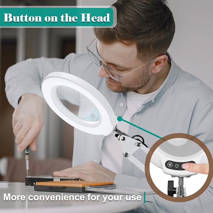 10X Magnifying Glass with Light and Stand, 5 Color Modes Stepless Dimmable 2-in-1 Desk Lamp with Clamp, Hands Free LED Lighted Magnifier with Light for Craft Hobby Painting Reading Close Works - White