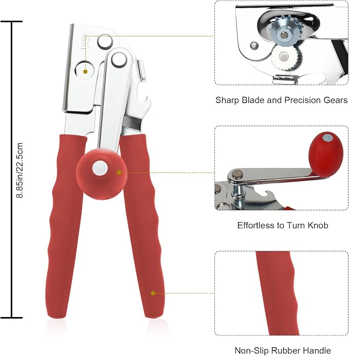 Commercial Can Opener, Hand Crank Manual Manual Heavy Duty with Extra-long Handles, Oversized Knob, Large Handheld Can Open Easy for Big Cans, Red