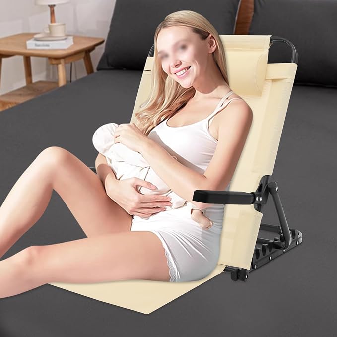 Adjustable Lifting Bed Backrest with Armrests 8-Position Adjustable, 330LBS Load Bed Back Support Chair for Reading Sleeping Watching TV, Portable Folding Floor for Elderly or Patients (Khaki)