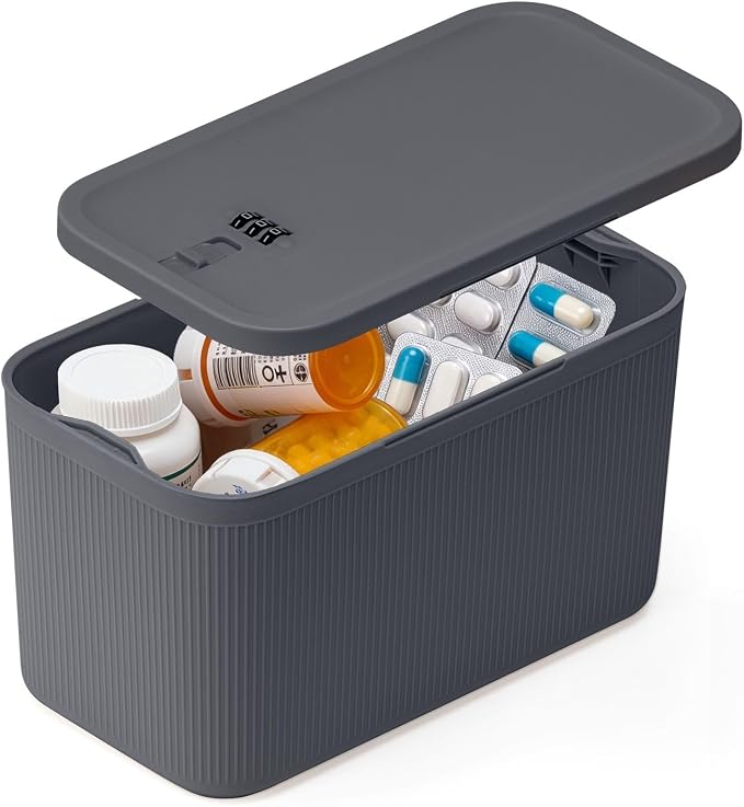 Lockable Storage Box,Medicine Lock Box Travel Case,Refrigerator Bin Container for Food,Medicines,Snacks,Locking Mobile Cell Phone Device Jail,Lockbox for Office,Home,School,Father Gift (Navy Plus)