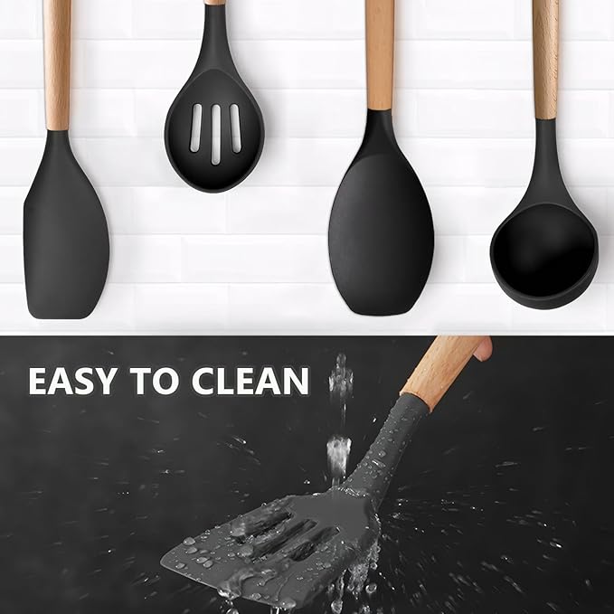 Silicone Cooking Utensils Set of 5, Heat Resistant Silicone Kitchen Utensils Set with Wooden Handle, BPA Free Spatula Spoon Turner Ladle Cooking Kitchen Gadgets for Nonstick Cookware & Baking