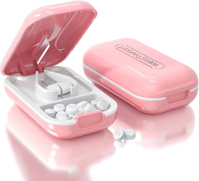 Pill Cutter, Pill Splitter Cutting Small or Large Pills in Half, Pill Crusher Cuts Pills, Vitamins, Tablets, Stainless Steel Blade, Travel Sized Pink