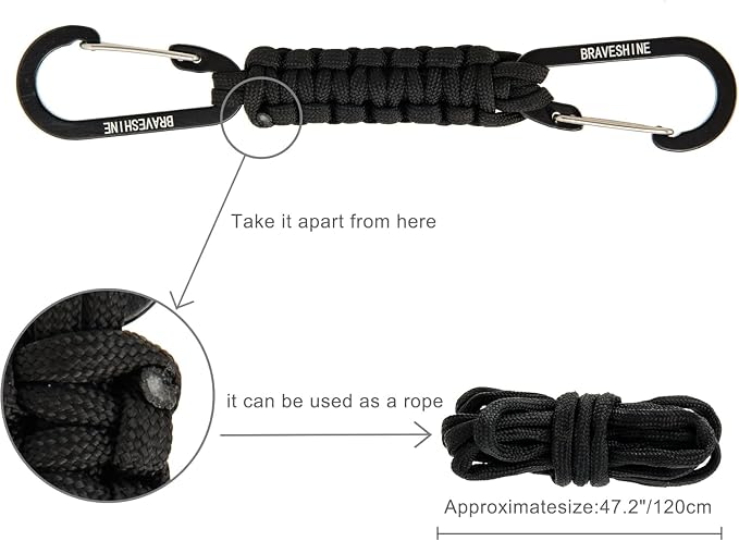 BRAVESHINE Paracord Keychain Carabiner Clip | D Ring Hanger Lanyard Hook | 7.3inch Long | for Stroller, Water Bottle, Key, Backpacks, Men, Women, Luggage, Car Seat Headrest, Fence, Bag Charms