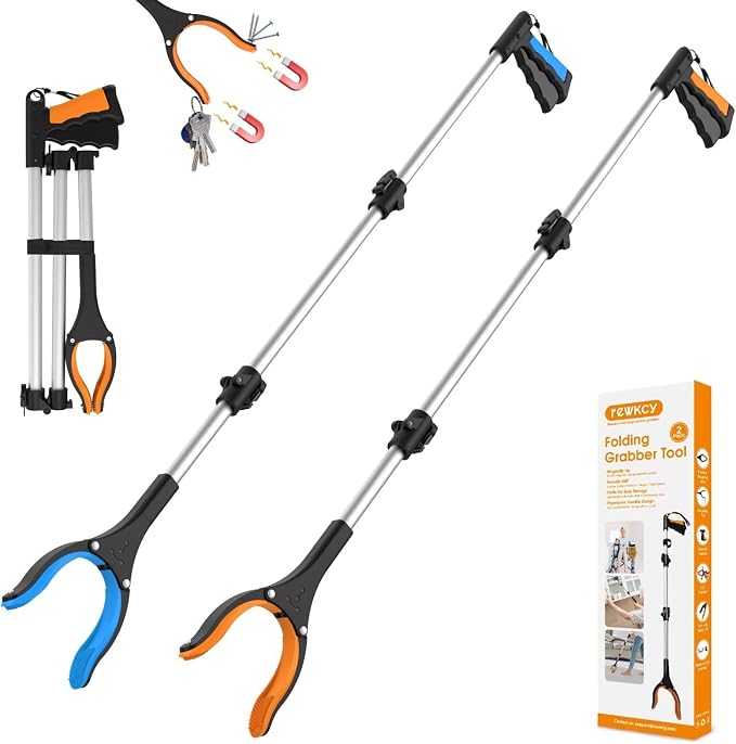 2-Pack 43" Extra Long Grabber Reacher Tool (Blue+Orange) | Foldable Trash Picker Upper, 360° Rotating Jaw + Magnets, 4" Wide Claw, Heavy Duty, Mobility Aid Reaching Tool for Seniors