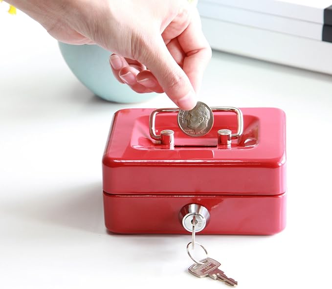 Small Cash Box with Lock and Slot - Jssmst Metal Coin Bank Piggy Bank for Adults and Kids, Red(SMCB0303N)