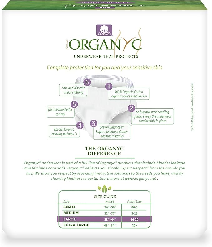 Organyc Bladder Control Underwear for Women - Organic Cotton Protective Underwear for Incontinence, Leak Protection, Odor Protection and Sensitive Skin, FSA/HSA Eligible, Large, 12 Count