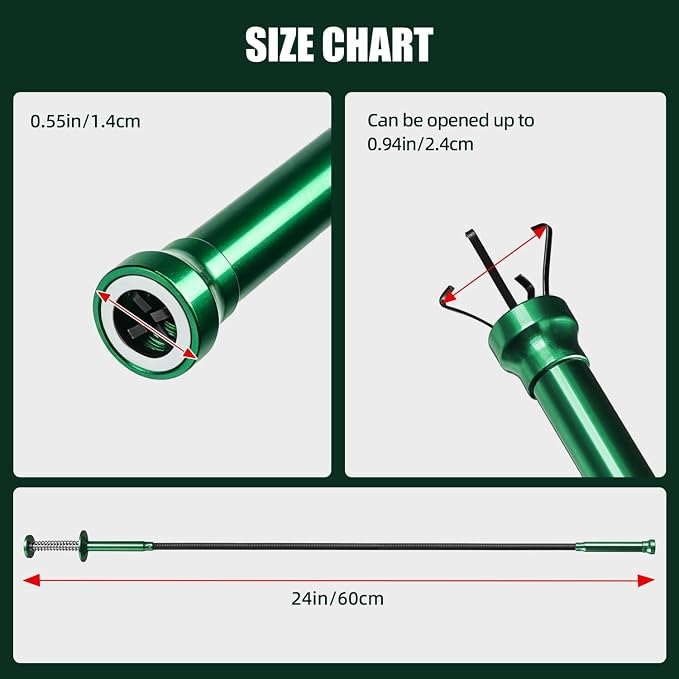 Flexible Grabber Tool, Magnetic 4-Claw Gripper (24", Green) | Mechanic Pickup Tool with Spring-Loaded Handle; for Automotive, Engine Bay, Bathroom, Kitchen, Sewers, Drain, Small Spaces