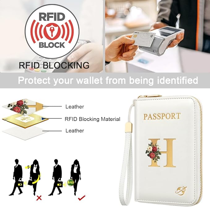 Passport Holder for Travel Personalized Wallet with Wristlet Women | All-in-One Passport Cover, RFID Blocking, Back Coin Pocket, Paper Money Slot, Zipper Closure, Roses Initial Letter, White H