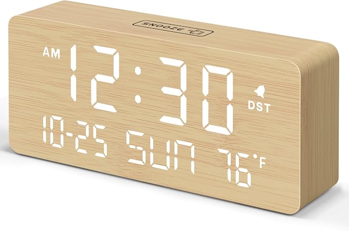DreamSky Wooden Digital Alarm Clocks for Bedrooms with Date & Day of Week | Living Room Desk Clock, Temperature, USB Port, Dimmer Wheel, Adjustable Volume, Auto DST, Office Wood Decor (Plug-in)