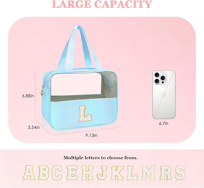Personalized Initial L Clear Blue Makeup Bag - Large Travel Toiletry Bag, Cute Cosmetic Organizer Set for Girlfriend, Teacher, Teen Girl Gifts