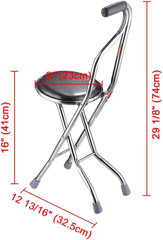 Folding Walking Stick with 9" Padded Seat Portable Stainless Steel Quadripod Support Cane Chair Stool with Anti-Slide Feet for Elderly Limited Mobility Physical Rehabilitation(Quadripod Cane Stool)