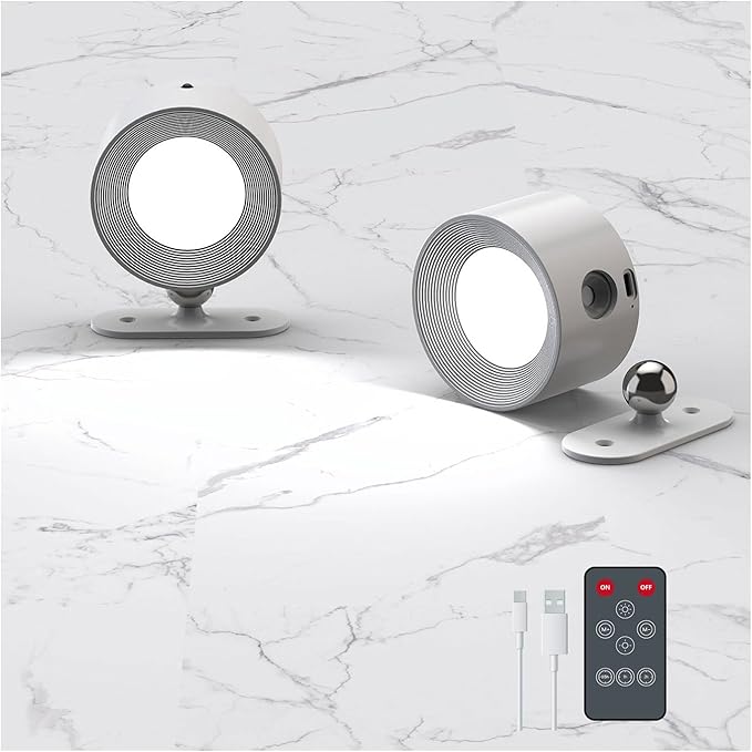 2PACK Romote LED Wall Sconce - Rechargeable Wall Light, 3 Colors & 3 Brightness Levels, 360? Magnetic Rotating Head, Bedside Reading Lamp, Easy Install Battery Operated Lamp White