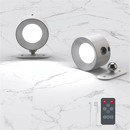 2PACK Romote LED Wall Sconce - Rechargeable Wall Light, 3 Colors & 3 Brightness Levels, 360? Magnetic Rotating Head, Bedside Reading Lamp, Easy Install Battery Operated Lamp White