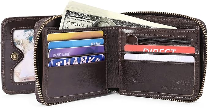 GOIACII Wallets for Men Genuine Leather Front Pocket Wallet RFID Zip Around Bifold Credit Card Holder | RFID