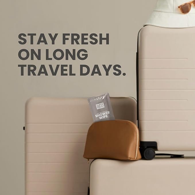 Super Fresh Shower Wipes Large Sandalwood Body Wipes for No Rinse Bathing Personal Hygiene Gym Travel or Camping Enriched with Aloe and Vitamin E 50 Individually Wrapped Disposable Sheets