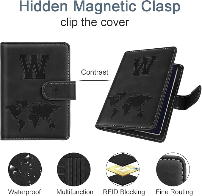 Passport Holder for Travel Essentials Personalized Initial Wallets | Embossed Letter A-Z Design, RFID Blocking, Passport Cover, Passport Book Holders, Men Women, Personalized Gifts, Black-W