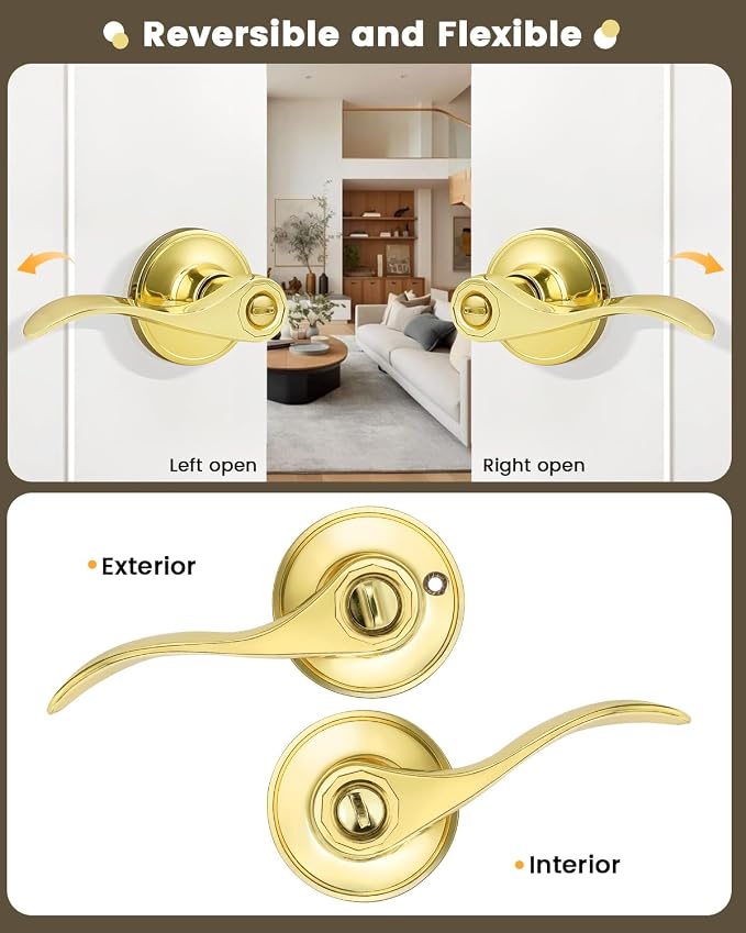 Gobrico Drop Lever Bedroom Bathroom Door Locksets Privacy Locks in Polished Brass,Detachable Latch Plate,Reversible Levers for Right and Left-Handed Doors 2Pack
