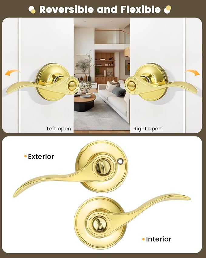 Gobrico Wave Style Privacy Door Levers in Polished Brass/Bedroom and Bathroom Handles Locksets with Drop Handles/10 Set Contractor Pack