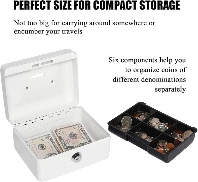 Jssmst Small Lock Cash Box, Locking Money Box for Kids with Slot on Top, White Lock Box, 5.91 x 4.72 x 2.95 inches, CB003-W