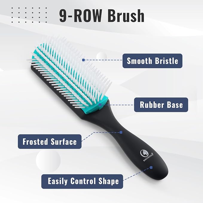 BRUSHZOO Detangling Brush with Hair Spray Bottle, Wide Tooth Comb for Women, Men, and Kids - 9 Row Brush with Detangler for Natural 3/4abc Curly Hair