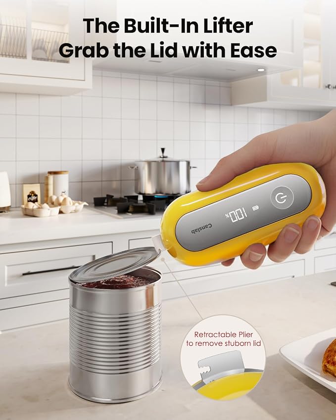 Canslab Retro Rechargeable Electric Can Opener, LED Battery Track&Auto Stop | True One-Touch Operation, Wall-Mountable Small Size, Side Cut Smooth Edge, Rechargeable, for Seniors with Arthritis, Yellow