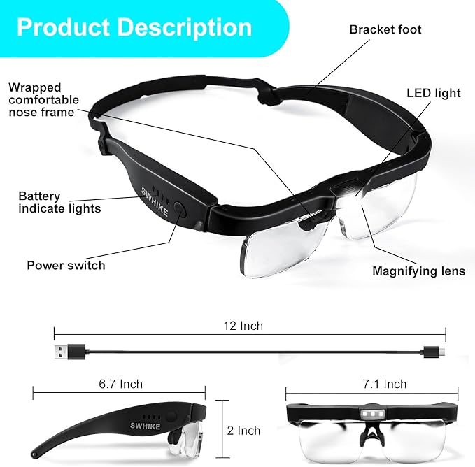 Magnifying Glass with Light Hands Free, Rechargeable Magnifying Glasses Headset with 5 Detachable Lenses and Storage Case for Close Work, Reading, Jewelry Making Crafts (Black)