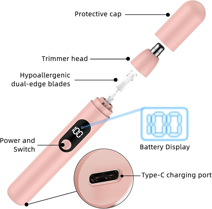 Nose Hair Trimmer Rechargeable Cordless Painless Ear and Eyebrow Trimming Tool-Dual Edge Easy Cleansing for Man Woman (Pink)