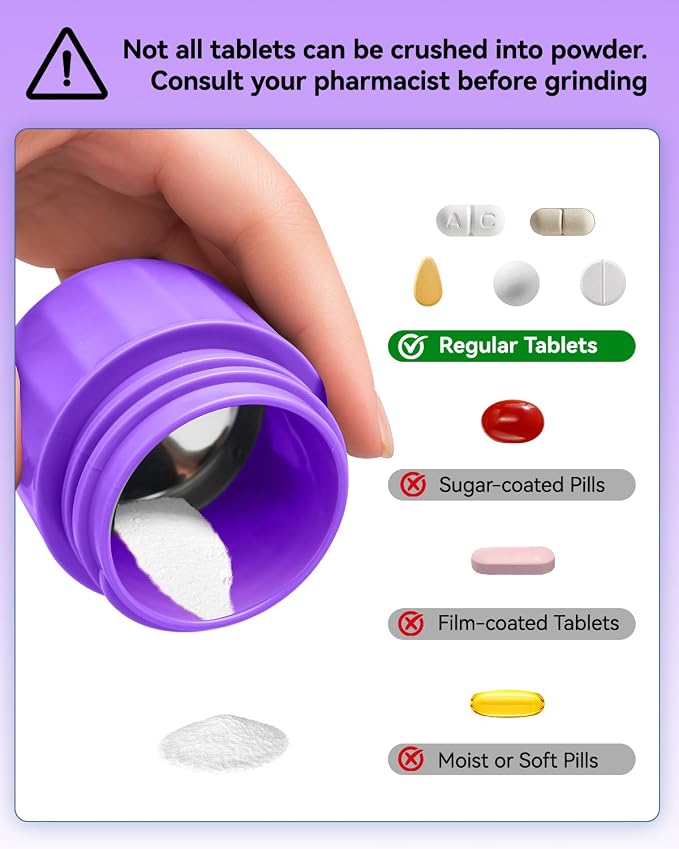 Pill Crusher and Pill Cutter - Cotatoc 3-in-1 Pill Crusher Fine Powder with Stainless Steel Grinding Head, Tablet Grinder with Storage for Tablets, Pill Cutter Splitter for Small Pills (Purple)