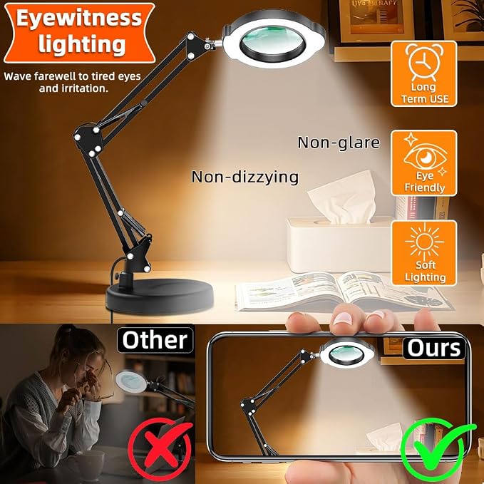 10X Magnifying Glass with Light and Stand, 2-in-1 Adjustable Swing Arm Desk Crafts Clamp Magnifier, Color Temperature LED Lighted Magnifierfor Close Work,Sewing,Crafts,Hobbies,Reading