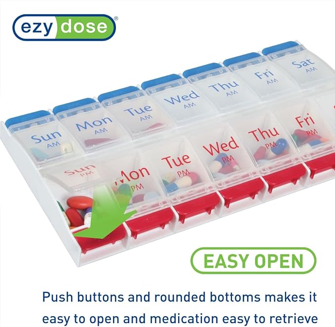 EZY DOSE Push Button (7-Day) Pill Case, Medicine Planner, Daily Vitamin Organizer, 2 Times a Day AM/PM, Large Compartments, Arthritis Friendly, Easy to Use, Clear Lids, Red/Blue, BPA Free (Pack of 2)