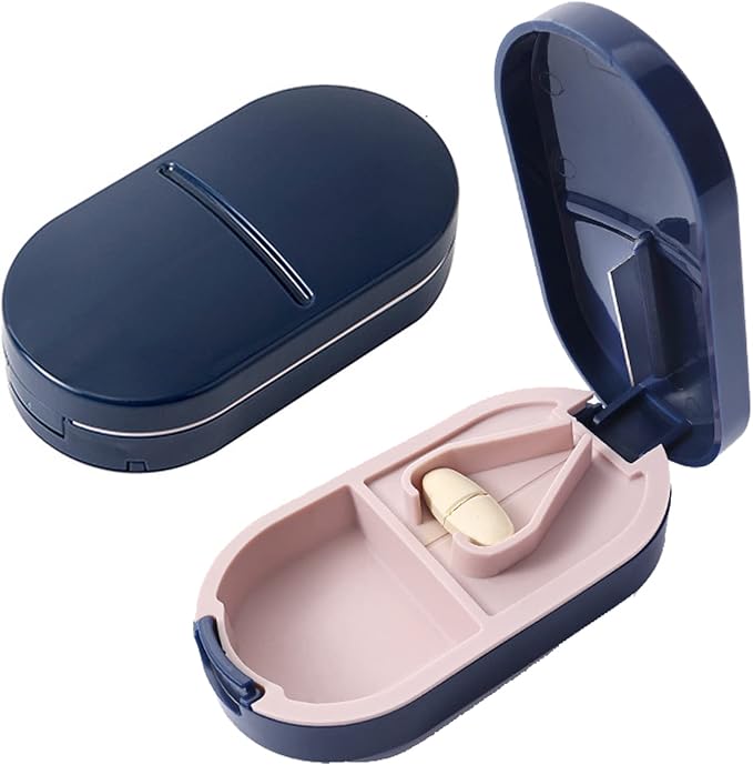 Pill Cutter for Small or Large Pills, Portable Pill Splitter 2-in-1 Pill Case with Stainless Steel Blade, Cuts Pills, Vitamins, Tablets (Royal Blue)