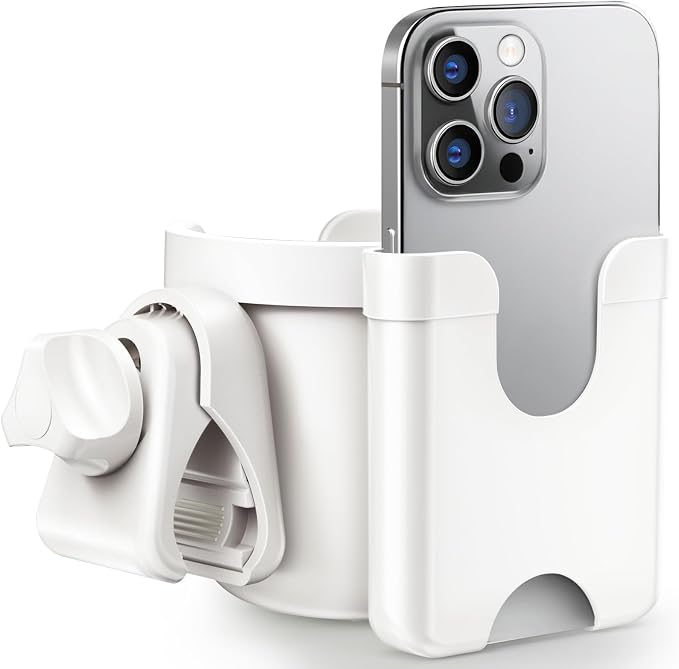 Guiseapue 2-in-1 Stroller Cup Holder Phone Holder, White, Baby Essentials | Universal Accessories for Stroller/Wheelchair/Walker/Golf Cart/Bike/Scooter. Fit Uppababy Nuna Doona, Baby Shower Gifts