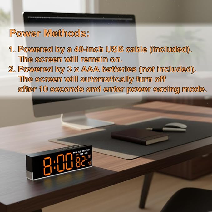zyzamay 7-Inch Modern LED Digital Alarm Clock with Dual Alarms & Soft Bottom Light｜Displays Time, Date, Day, Temperature｜3-Level Auto/Manual Brightness,DST, USB or Battery Powered Desk Clock,Orange