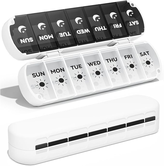 Weekly Pill Organizer 2 Times a Day, Moisture-Proof 7 Day Pill Box AM PM, Foldable Travel Medicine Organizer with Magnetic Closure for Vitamins, Supplements and Fish Oils (White)