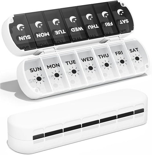 Weekly Pill Organizer 2 Times a Day, Moisture-Proof 7 Day Pill Box AM PM, Foldable Travel Medicine Organizer with Magnetic Closure for Vitamins, Supplements and Fish Oils (White)