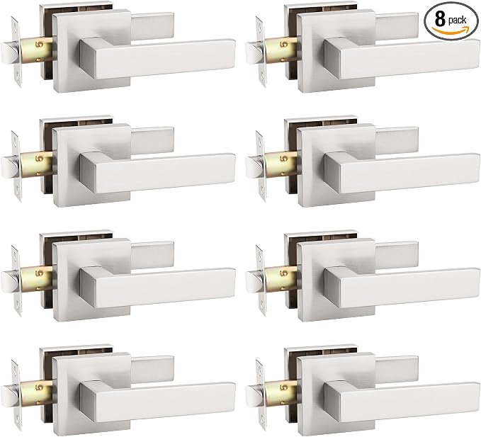 KNOBWELL 8 Pack Passage Door Knob Interior, Brushed Nickel Hallway Closet Door Handle Commercial Square Door Knob with Lever(No Lock)