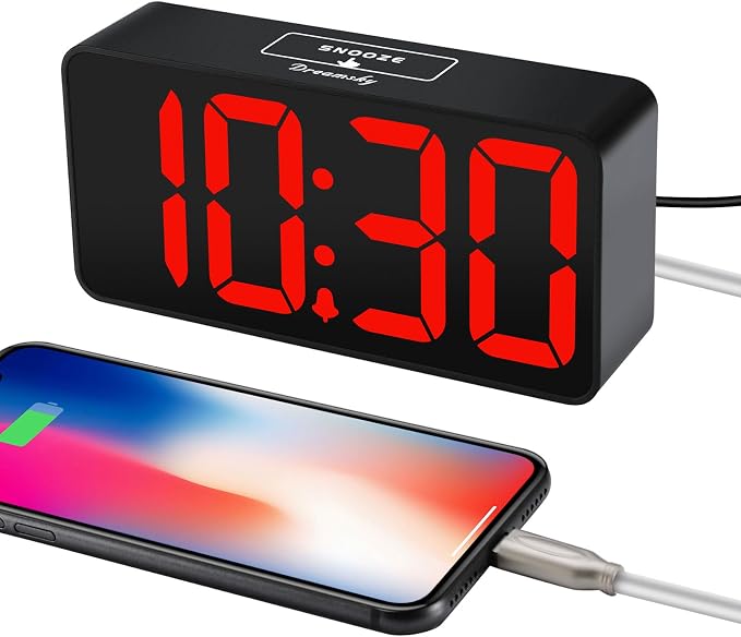 DreamSky Small Digital Alarm Clock for Bedroom with Large Big Numbers | Electric Bedside Desk Clock with USB Charging Port, Brightness Dimmer, Adjustable Alarm Volume, USB-C Adapter Powered
