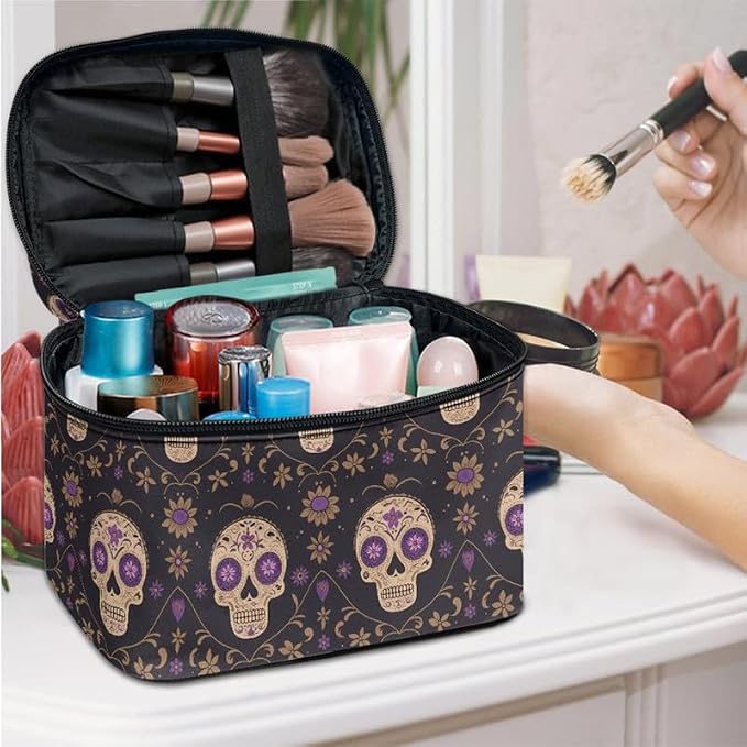 Mexican Sugar Skulls Floral Travel Cosmetic Organizer for Women Portable Zipper Make Up Pouch, Bohemia Candy Skull print Large Makeup Bag Dopp Kit Essentials