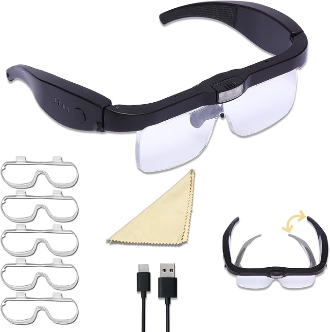 Professional Magnifying Glasses Headset with Light & 5 Lenses | Rechargeable hands-free headband magnifier, 5 lenses (0.75X-4.0X), 3 LED lights for close work, jewelry & crafts