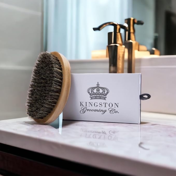 Kingston Grooming Co. Boar Bristle 360 Wave Brush for Men, Hair & Beard | Soft boar hair brush for beards, hair & 360 waves. Military palm style brush. Perfect for normal to thin hair with travel box