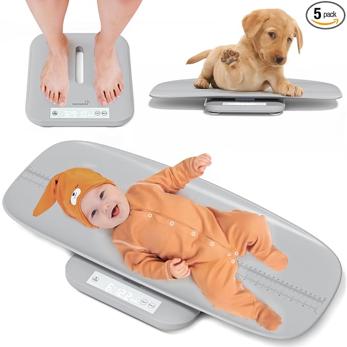 Multifunctional Baby & Pet Scale - Weigh Up to 330lbs, Digital with Hold Function, Height Measurement, 5 Units, LED Screen Grey