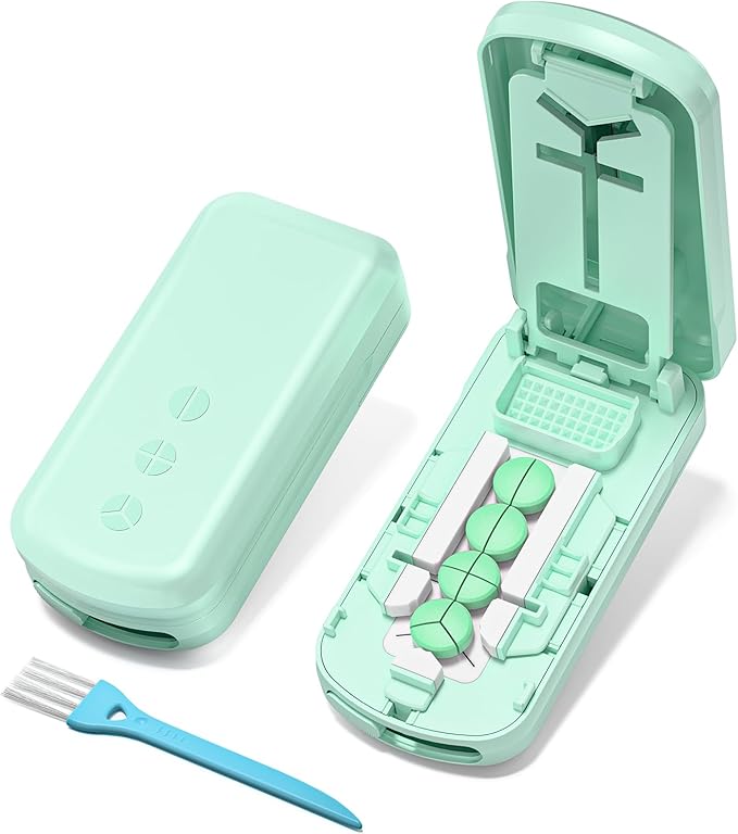 Daviky Pill Cutter Splitter for Small & Tiny Pills, Dual Safety Blades, Adjustable Centering Slot, Precise 1/2 1/3 1/4 Tablet Cutter, Built-in Storage, Portable & Senior-Friendly（Green）