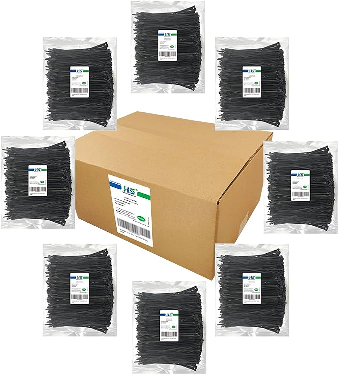HS 8 Inch Zip Ties Black 40 Pounds Tensile Strength Thin Straps (Bulk 8000 Pack) Nylon PA66 UV Resistant,Self-Locking Small Electrical Plastic Cable Wire Zipties for Outdoor Use,Multi Purpose