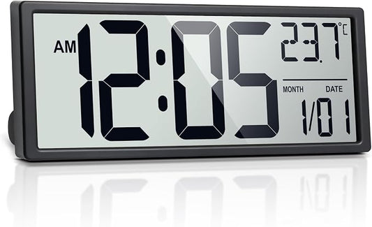 16" Large Digital Wall Clock Battery Operated with Big Display Numbers, Temperature and Date, Auto DST and Alarm, for Office, Classroom, Gym, Bedroom, Living Room