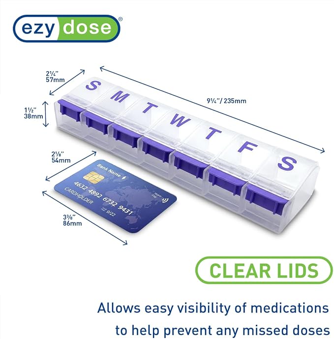 EZY DOSE Pill Organizer Weekly (7-Day), Medicine Planner, Vitamin Case/Box, 2X-Large Push-Button Compartments, Easy to Use, Travel-Friendly, Purple, BPA Free