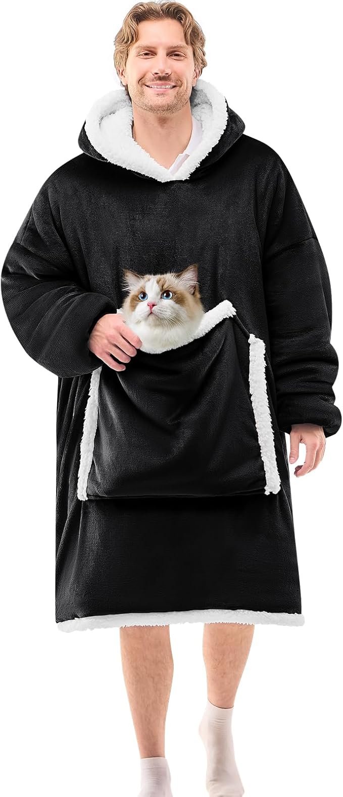 JOYWOO Black Oversized Wearable Blanket Hoodie, Cat lovers Long Hoodie Blanket for Adult,Birthday Gifts for Women Men Mom,Cozy Fuzzy Sherpa Fleece Sweatshirt Hooded Blanket Giant Pocket Gifts,Oversize