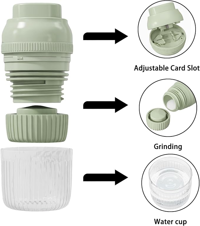 3-in-1 Pill Crusher Fine Powder - 1/4 1/2 Pill Cutter Splitter for Small and Tiny, Grinder for Elderly with Storage and Measuring Cup (Light Green)