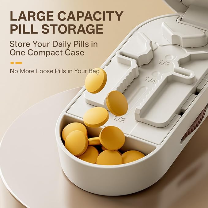 Pill Cutter Splitter for Small and Tiny Large Pills,Adjustable Pill Splitter Push-Button Cuts into 1/2, 1/3, 1/4，Comes with a Small Brush and a Medicine Storage Box (Orange, Press-Cut)