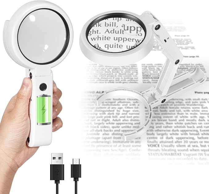 Upgraded Rechargeable Magnifying Glass with Light and Stand, Foldable Handheld & Hands-Free Magnifying Glass 2 Level Dimmable Large Magnifier for Seniors Reading, Close Work, Coins, Jewelry
